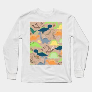 Dinosaur doodle light orange background Long Sleeve T-Shirt